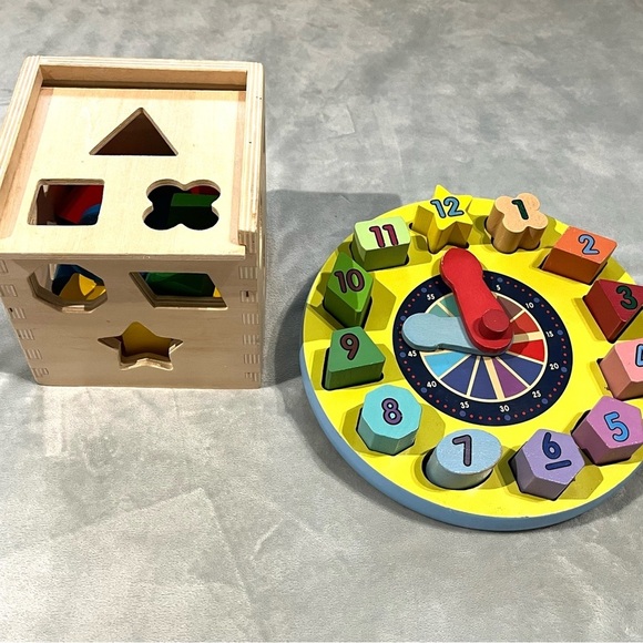 Melissa & Doug Wood Shape Sorting Cube and Clock - Classic Wooden Toy 12 Shapes - Picture 2 of 6